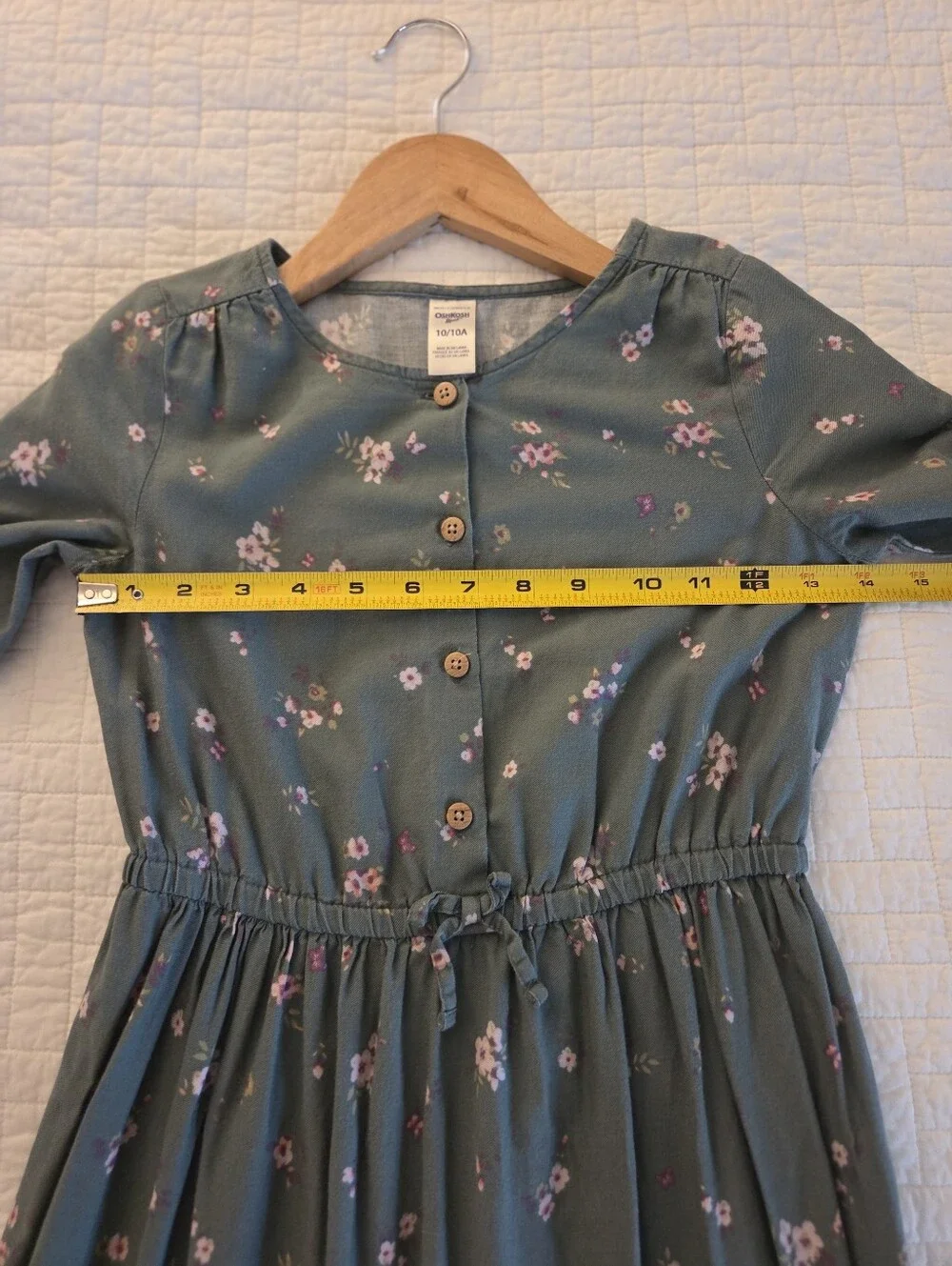 Osh Kosh B'Gosh Girls Olive Long Sleeved Cotton Floral Print Dress